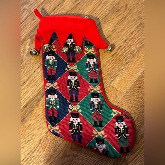 Vintage needlepoint nutcracker stocking with bells - Picture 4 of 11